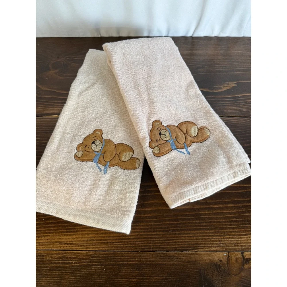 VTG 90s R.A. Briggs Embroidered Teddy Bear Tan Cotton‎ HandTowels - Set of 2